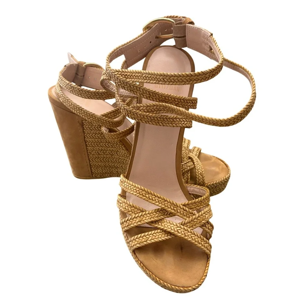 Stuart Weitzman Reins Wedge Sandals Womens Size 8 Tan Braided Leather Heels